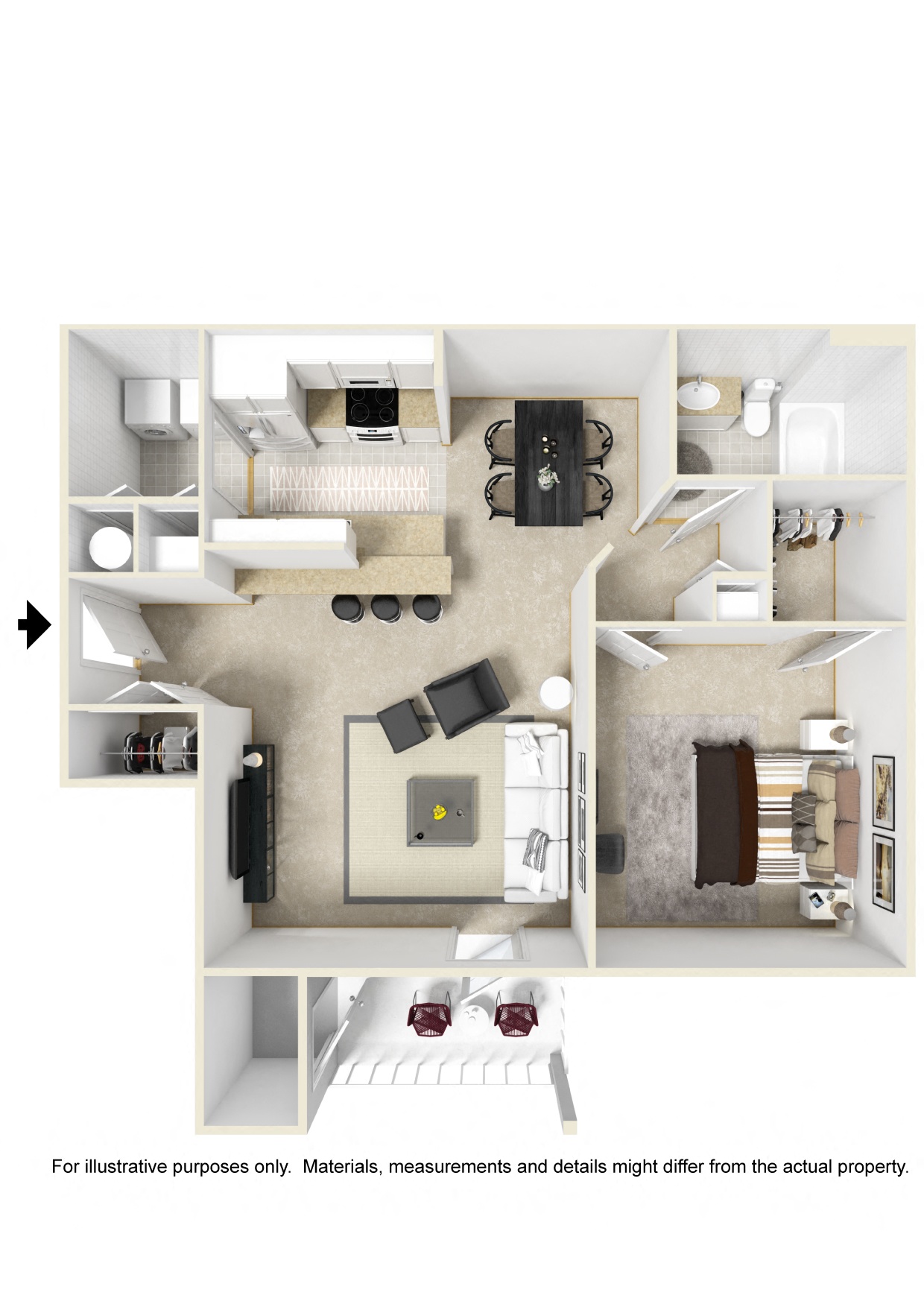 One bedroom floor plan for rent | 800 Sq. Ft. at Parkwest Apartment Homes in Hattiesburg, MS