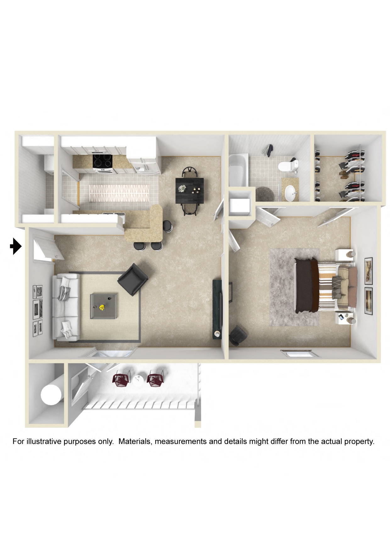 1 Bed, 1 Bath Floorplan | 761 Sq. Ft. at The Pointe Apartment Homes in Gautier, Mississippi