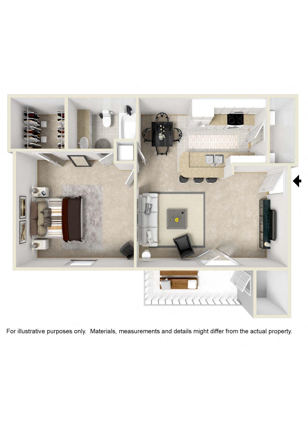 One bedroom floor plan for rent | 761 Sq. Ft. at Reserve at Gulf Hills Apartment Homes in Ocean Springs, MS