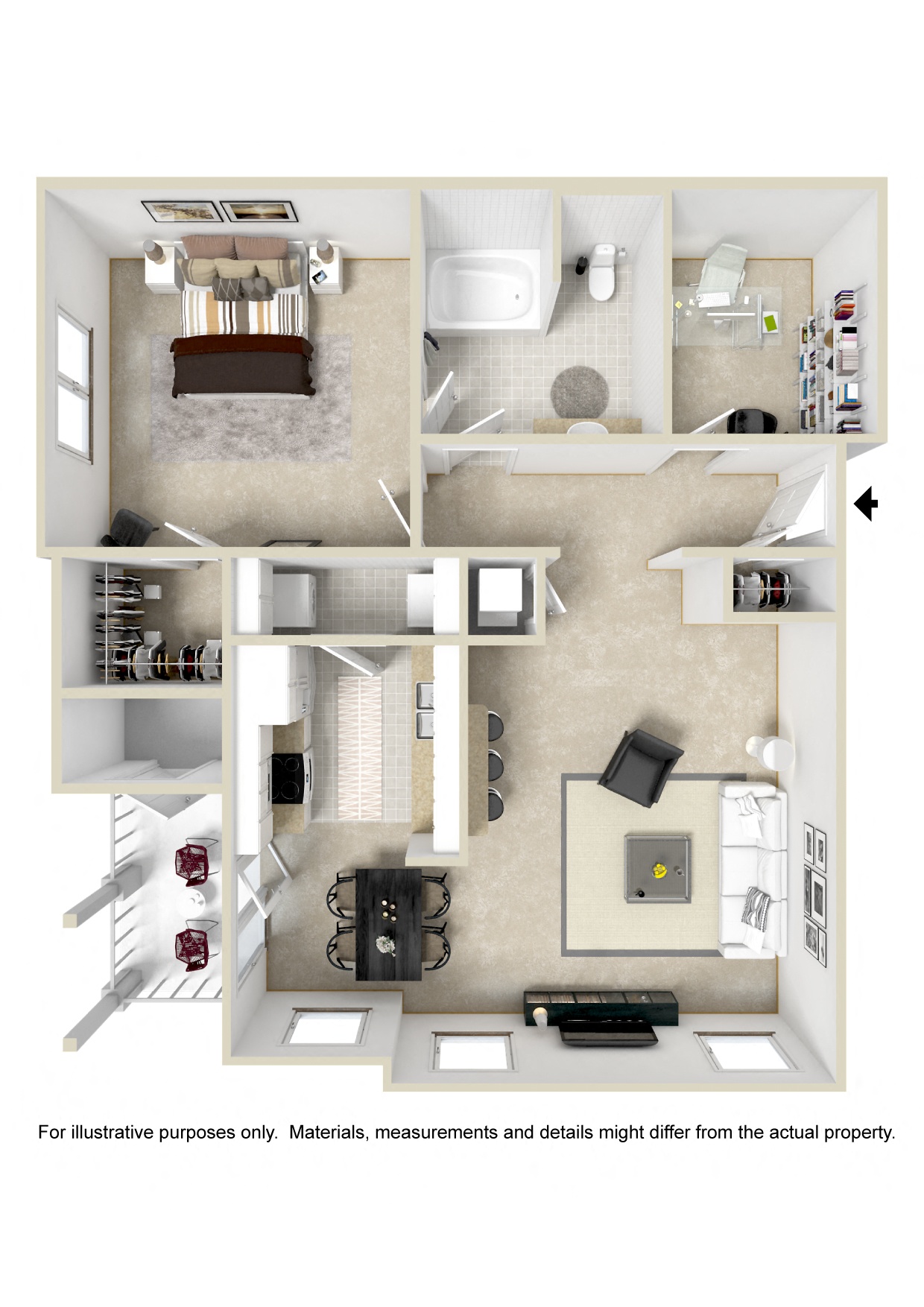 1 bed 1 bath A Floor Plan | 892 Sq. Ft. at Reserve at Park Place Apartments, Mississippi 39402