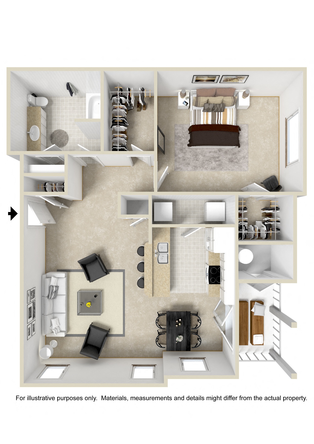 1 bed 1 bath Floor Plan | 820 Sq. Ft. at Reserve at Park Place Apartments, Hattiesburg, Mississippi