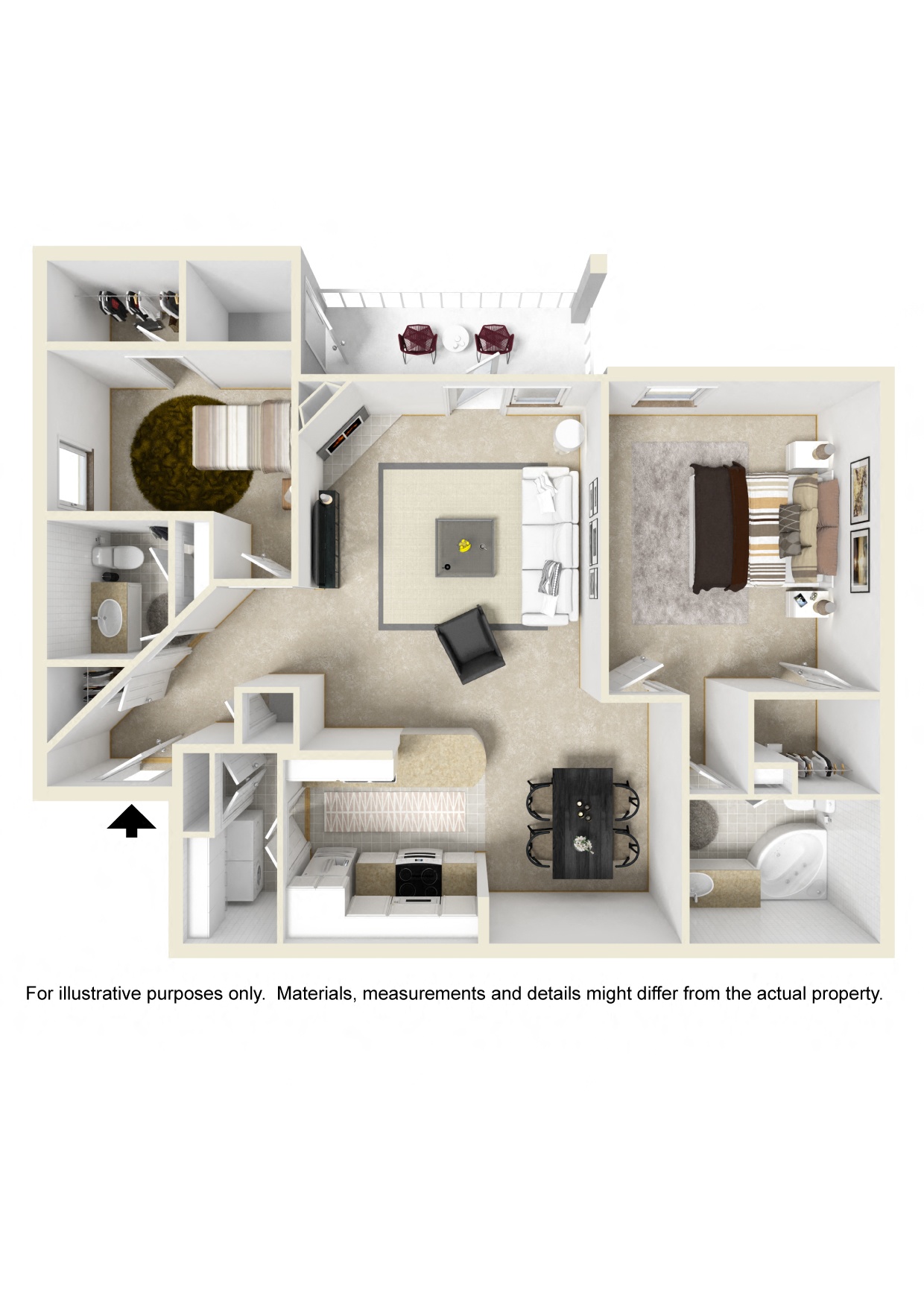 One bedroom floor plan for rent | 1,180 Sq. Ft. at Parkwest Apartment Homes in Hattiesburg, MS