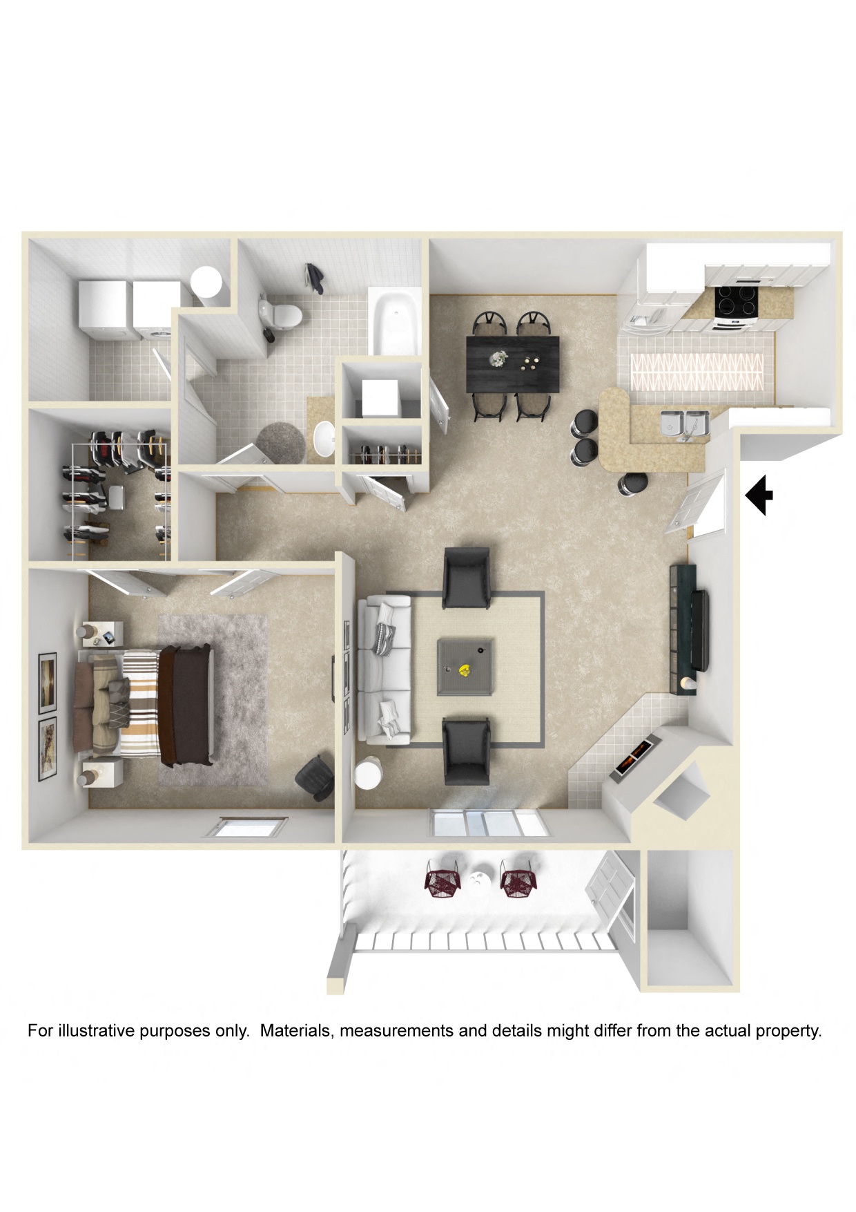 1 bed 1 bath Floor Plan | 776 Sq. Ft. at The Woodlands Apartment Homes, Mississippi 39301