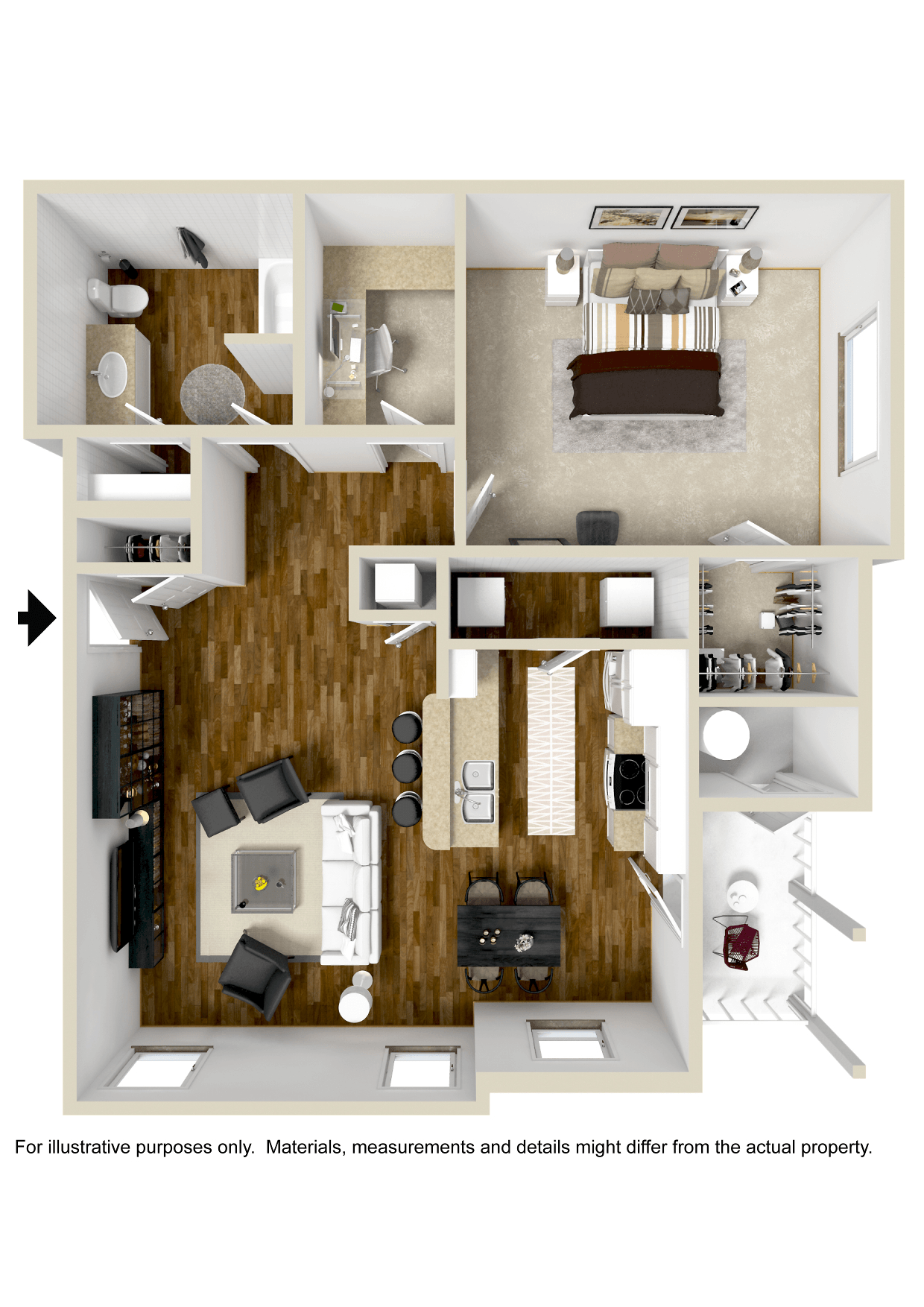 One Bedroom and One Bathroom Floor Plan | 853 Sq. Ft. at Bridgewater Apartment Homes, Brandon, 39047