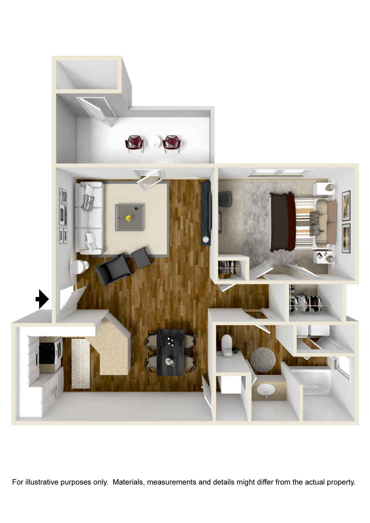 One Bed, One Bath Floor Plan | 826 Sq. Ft. at Lagniappe of Biloxi Apartment Homes in Biloxi, MS