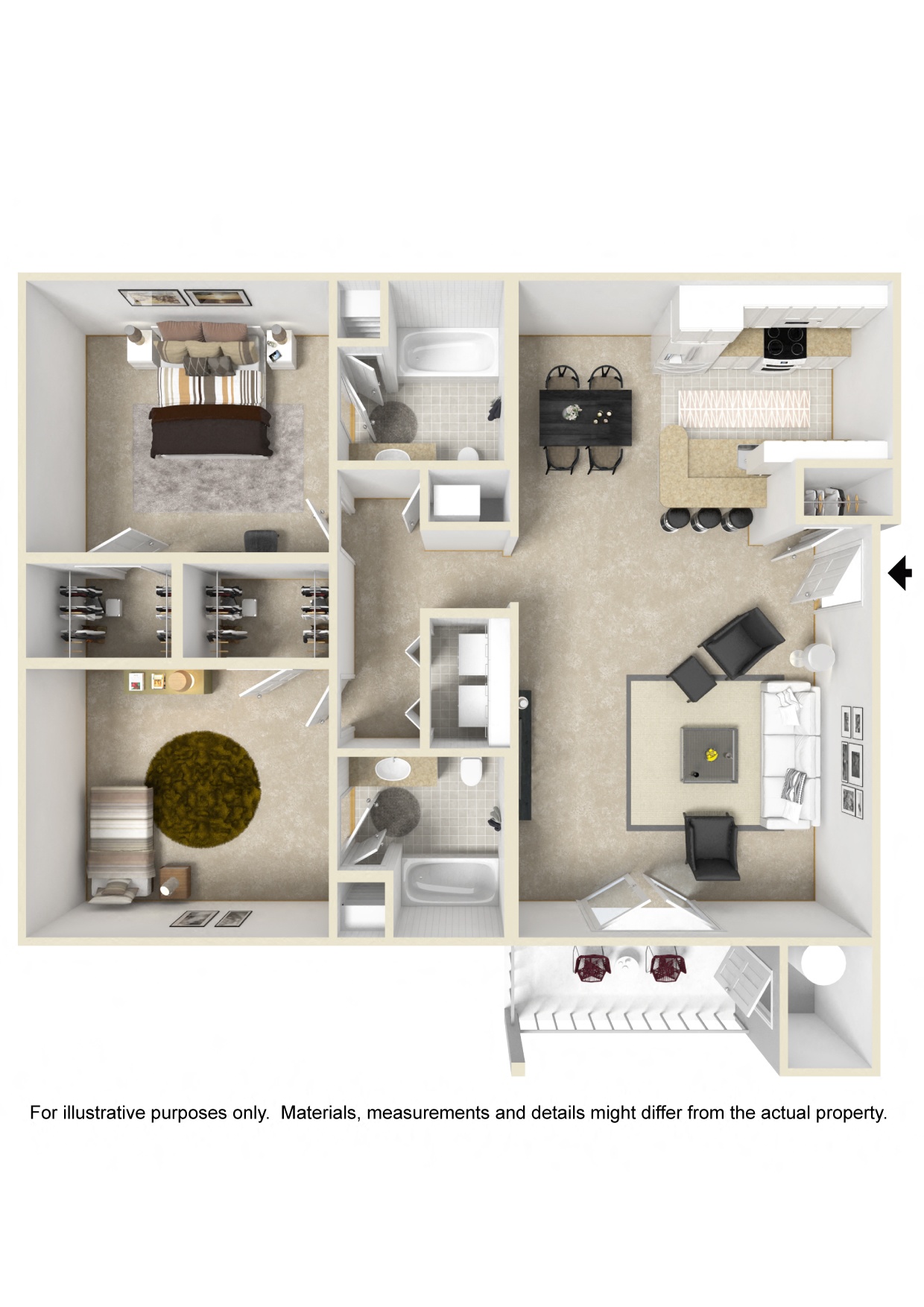 2 Bed, 2 Bath Floorplan | 1,200 Sq. Ft. at The Pointe Apartment Homes in Gautier, MS 39553
