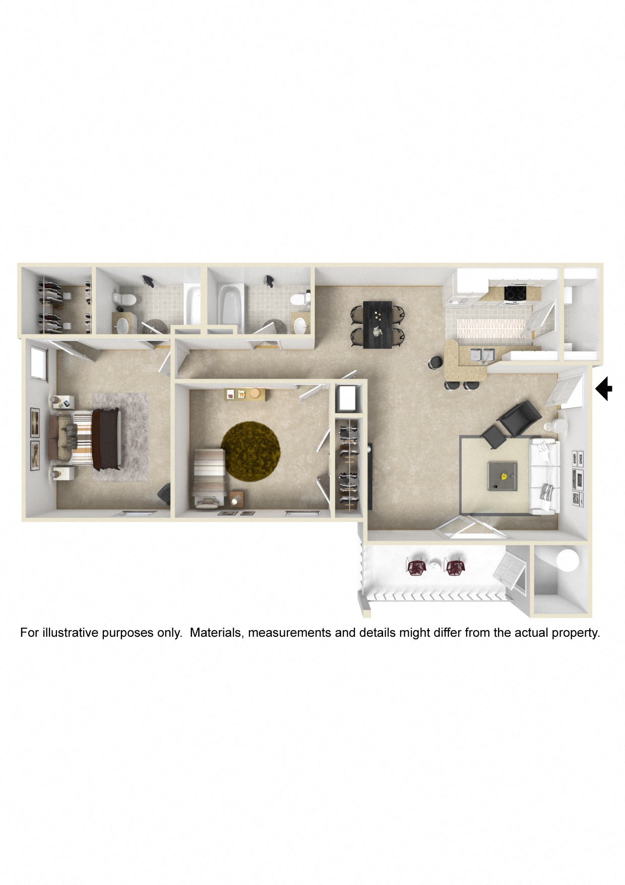 2 Bed, 2 Bath Floorplan | 1,107 Sq. Ft. at The Pointe Apartment Homes in Mississippi 39553