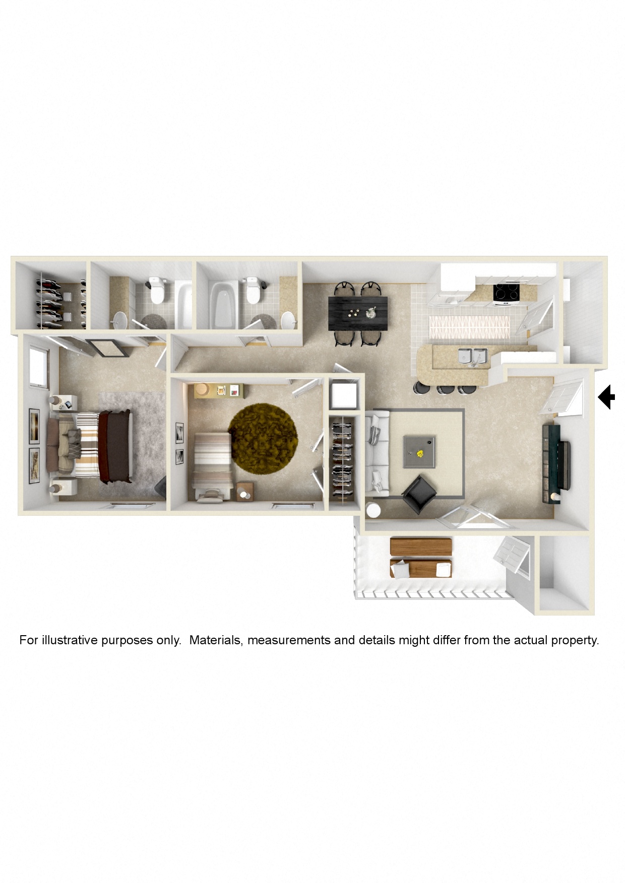 Two bedroom floor plan for rent | 1,107 Sq. Ft.  at Reserve at Gulf Hills Apartment Homes in Ocean Springs, MS