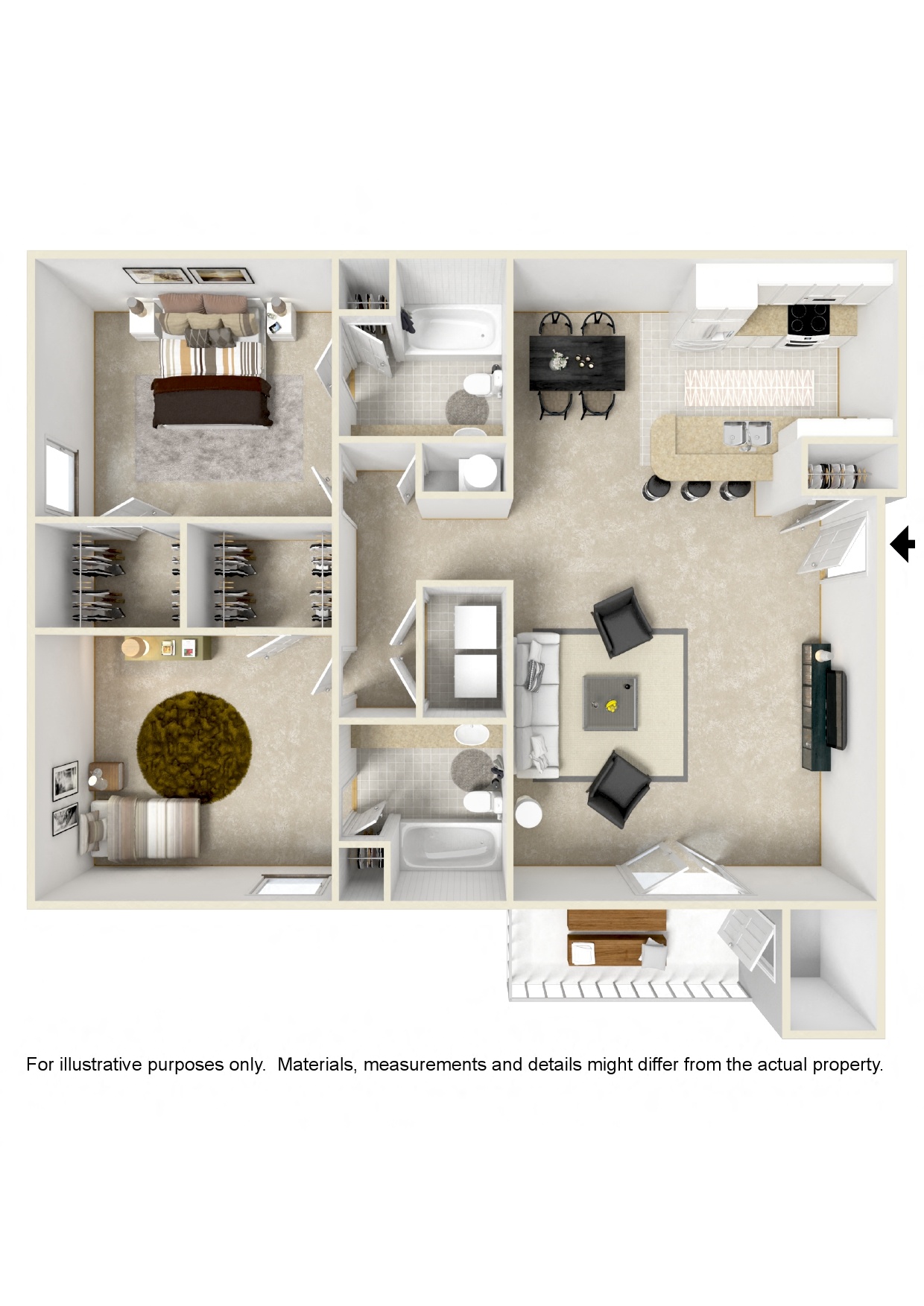 Two bedroom floor plan for rent  | 1,200 Sq. Ft. at Reserve at Gulf Hills Apartment Homes in Ocean Springs, MS