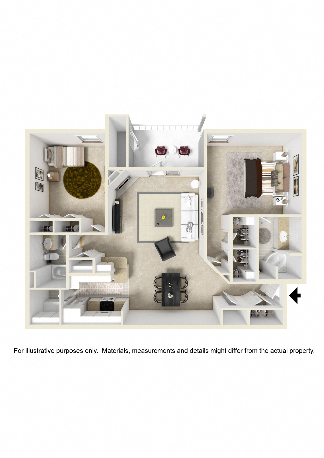 Two bedroom floor plan for rent | 1,376 Sq. Ft. at Parkwest Apartment Homes in Hattiesburg, MS