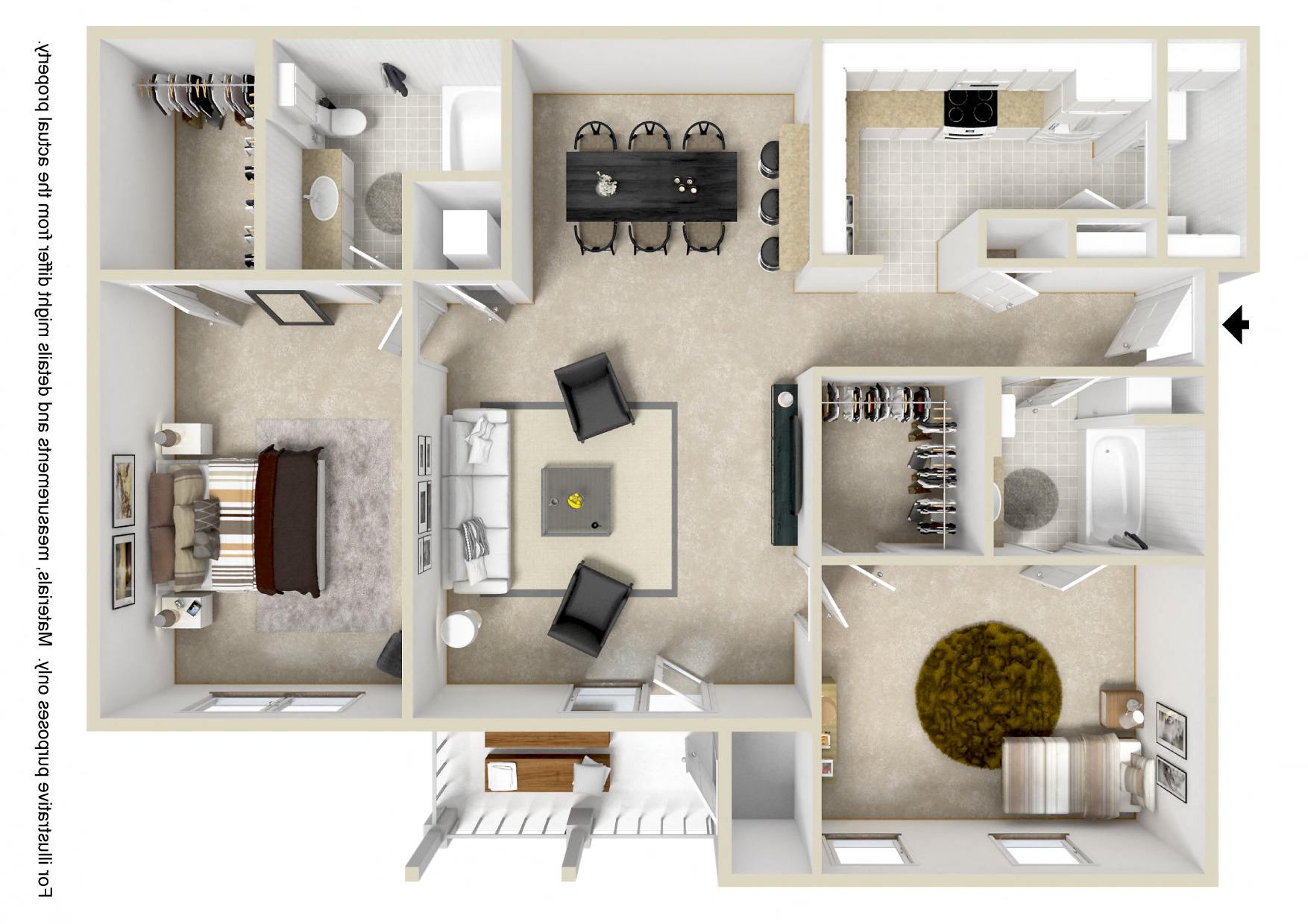 2 bed 2 bath B Floor Plan | 1,169 Sq. Ft. at Reserve at Park Place Apartments, Hattiesburg, 39402