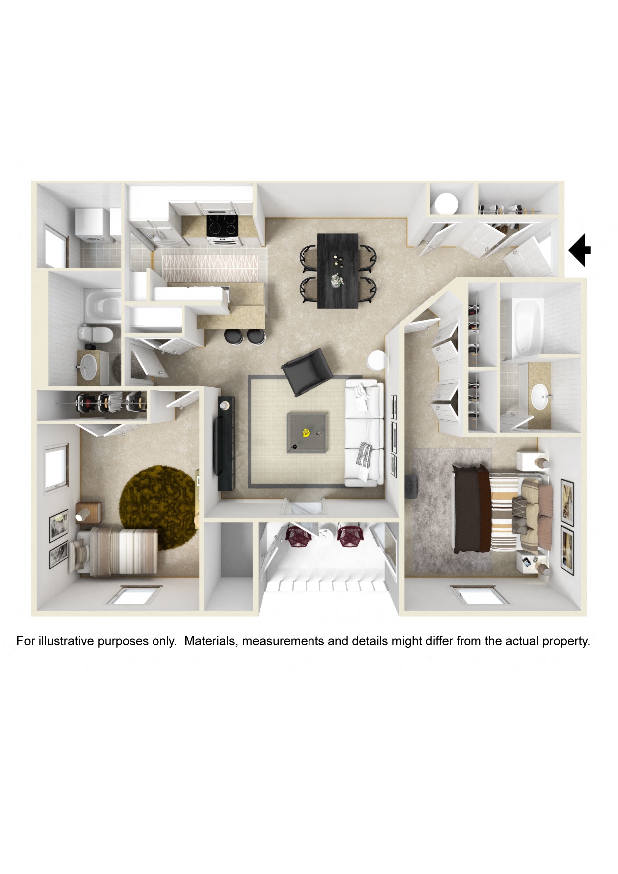 Two bedroom floor plan for rent | 1,050 Sq. Ft. at Parkwest Apartment Homes in Hattiesburg, MS