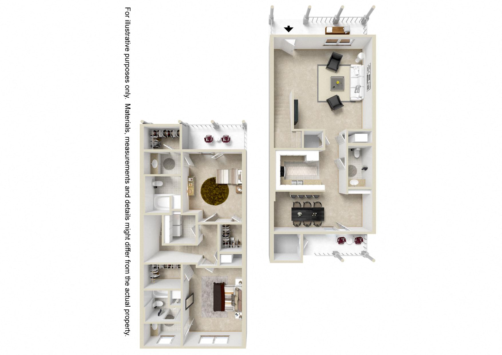 2 bed 2 bath A Floor Plan | 1,643 Sq. Ft. at Reserve at Park Place Apartments, Hattiesburg, MS
