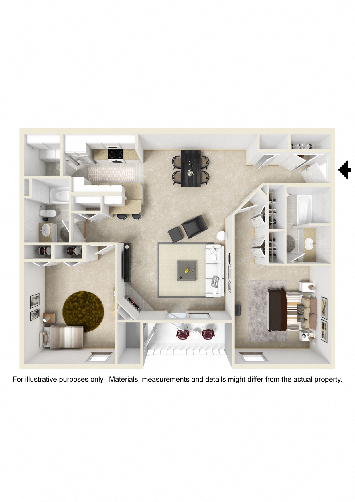 Two bedroom floor plan for rent | 1,300 Sq. Ft. at Parkwest Apartment Homes in Hattiesburg, MS