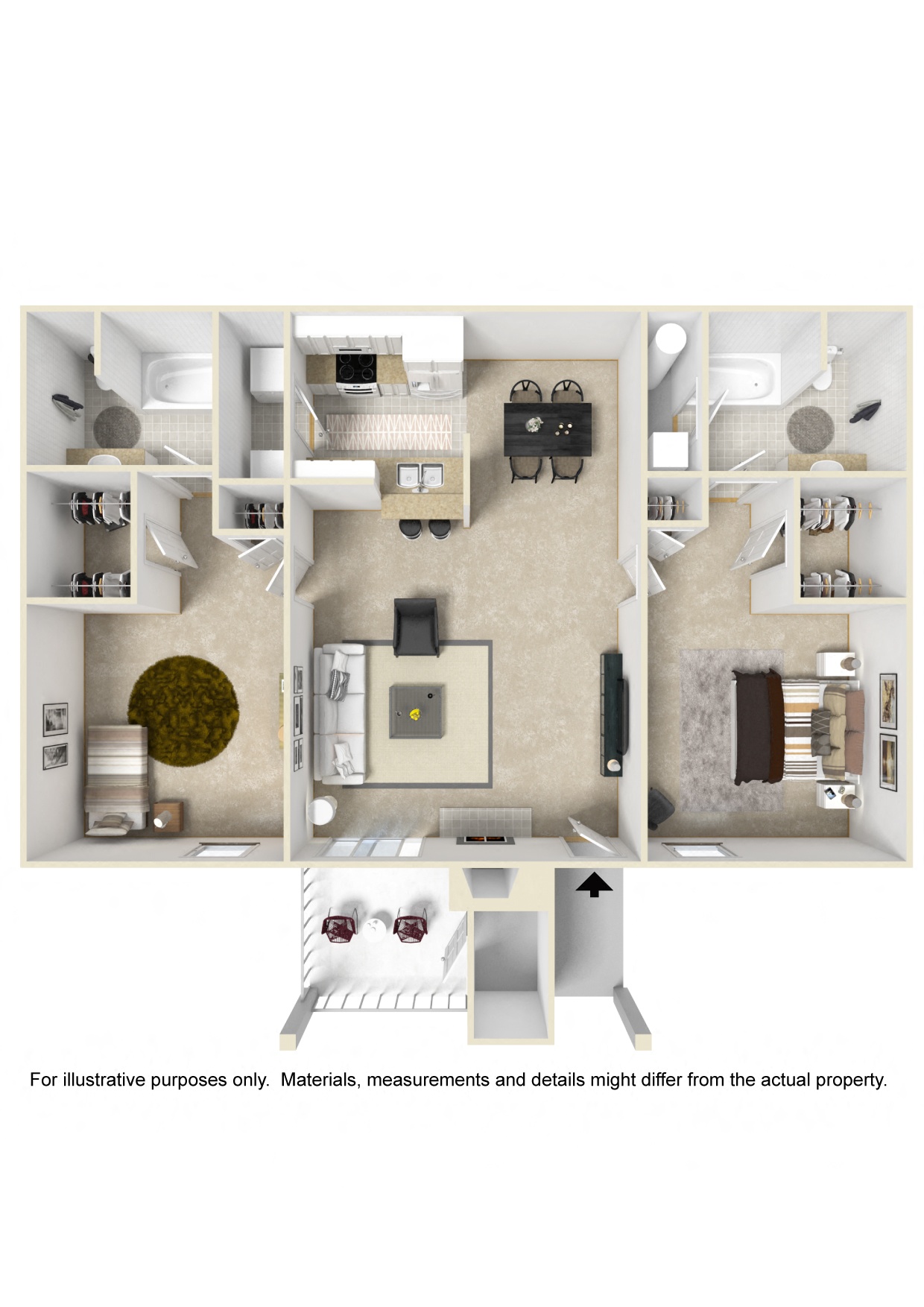 2 bed 2 bath A Floor Plan | 1,065 Sq. Ft.at The Woodlands Apartment Homes, Meridian, MS