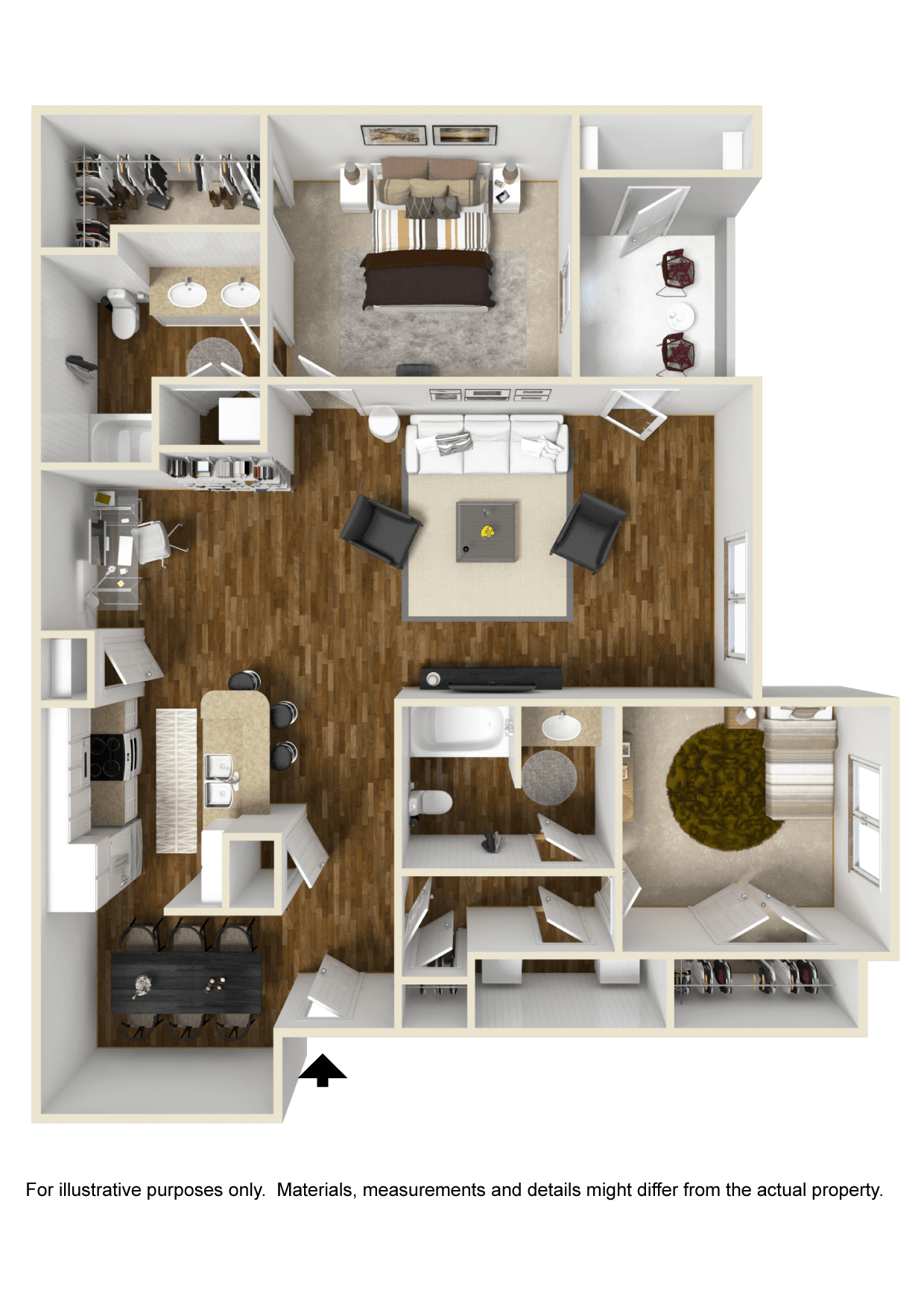 Two Bedroom Floor Plan with study | 1,282 Sq. Ft. at Lagniappe of Biloxi Apartment Homes, Biloxi, MS