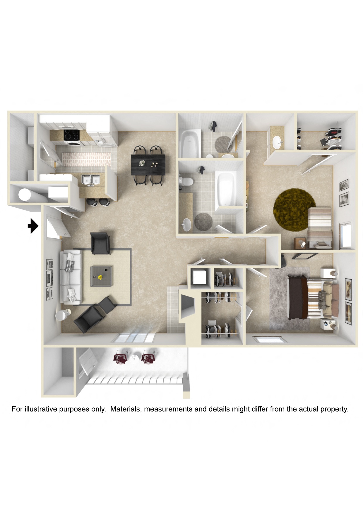 2 bed 2 bath Floor Plan | 987 Sq. Ft. at The Woodlands Apartment Homes, Meridian, MS, 39301