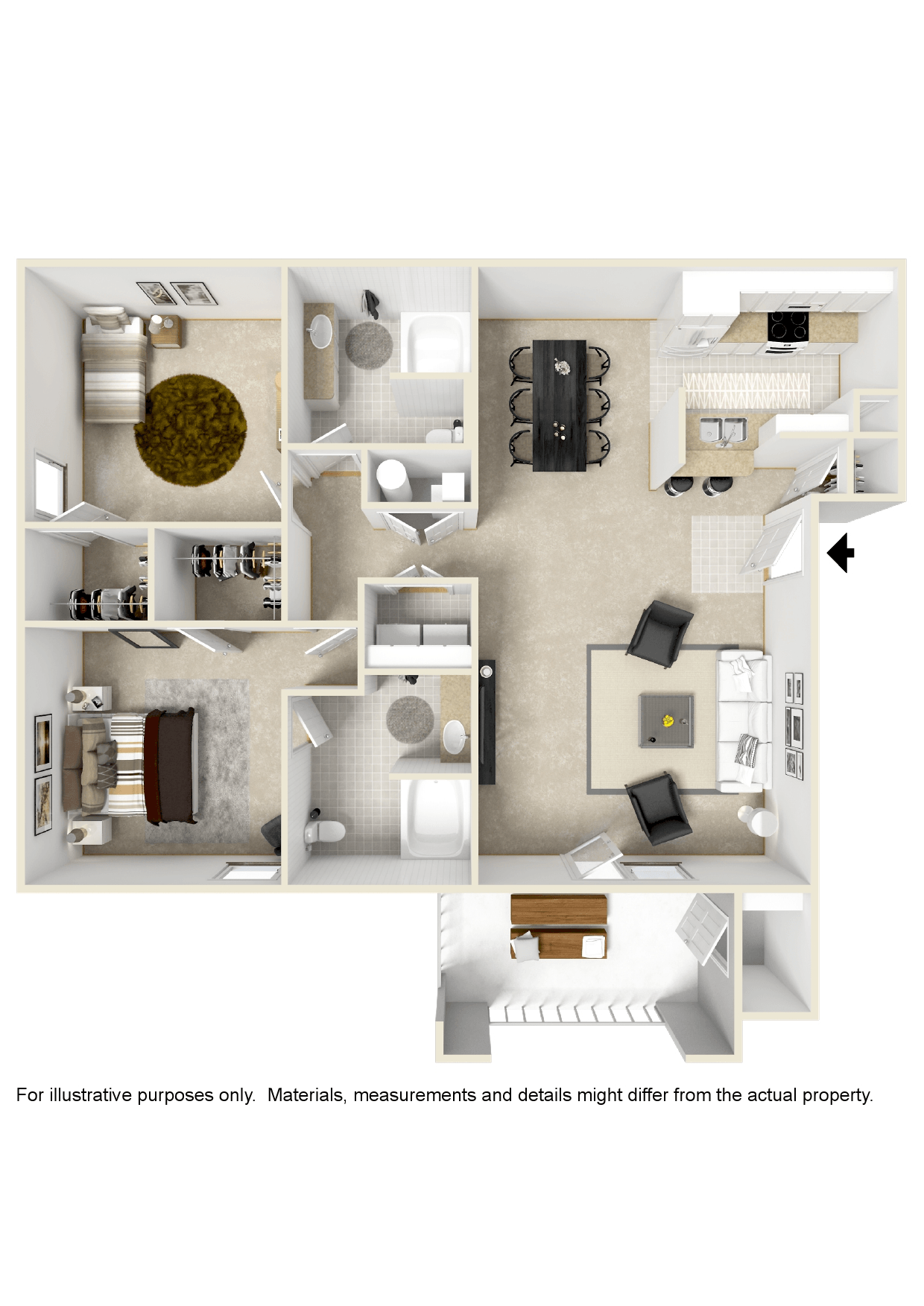 2 Bed 2 Bath Floor Plan | 1,186 Sq. Ft. at Canebrake Apartment Homes in Shreveport, LA