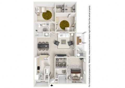 3 bedroom 2 bath B Floor Plan at Reserve at Park Place Apartment Homes, Hattiesburg, MS, 39402