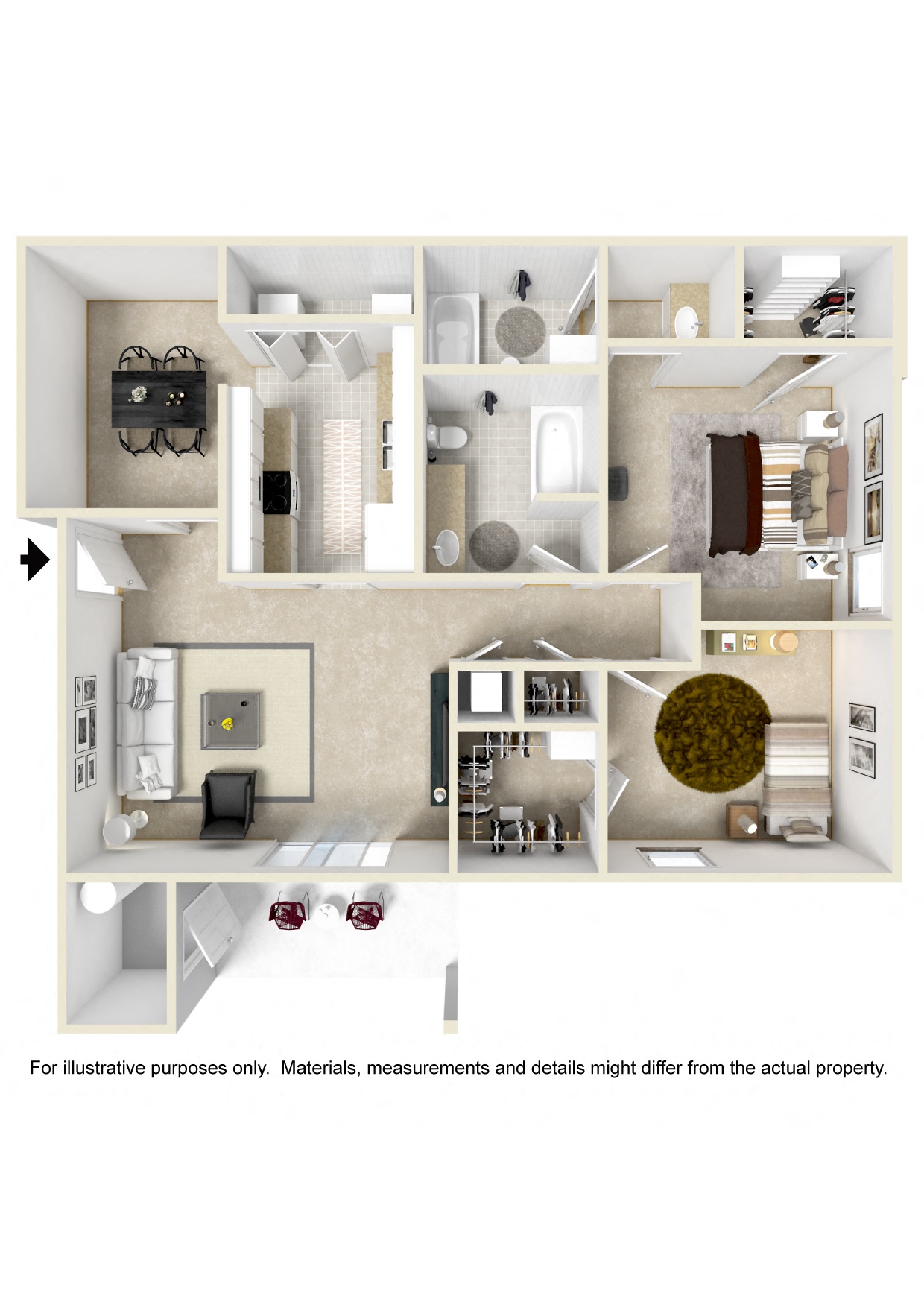 2 Bed 2 Bath Floor Plan | 1,035 Sq. Ft. at The Oliver Apartment Homes in Olive Branch, MS