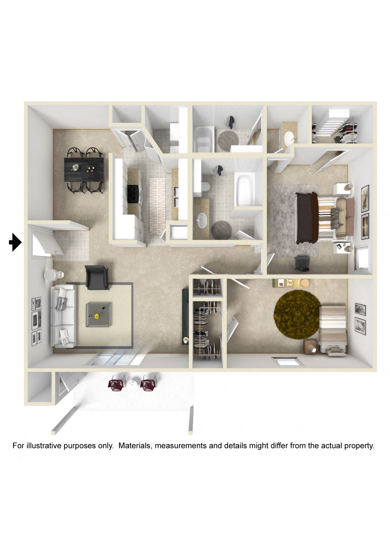 2 Bed 2 Bath Floor Plan | 1,050 Sq. Ft. at The Oliver Apartment Homes, Mississippi, 38654