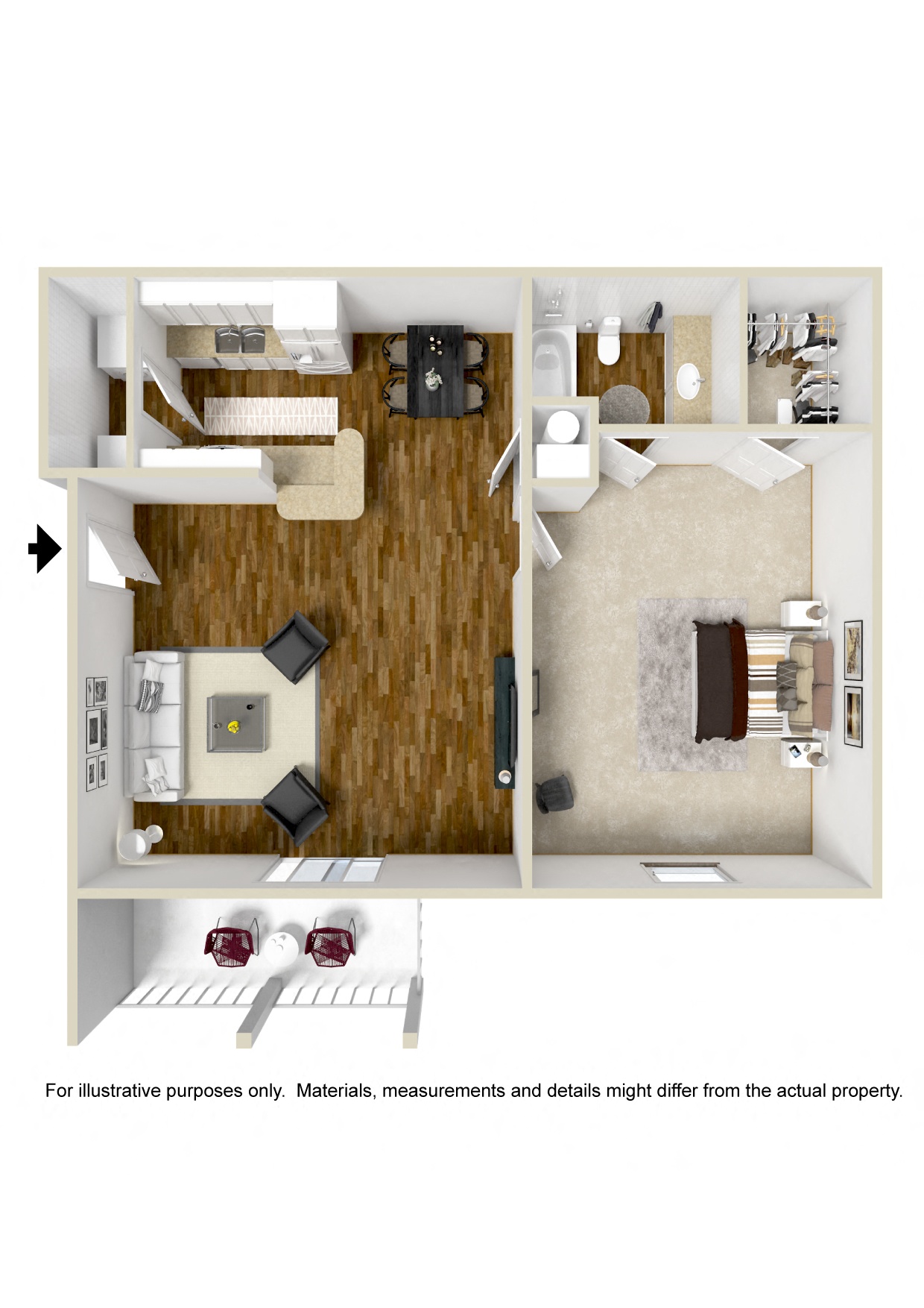 One bedroom floor plan for rent | 703 Sq. Ft. at Parklane Apartment Homes in McComb, MS