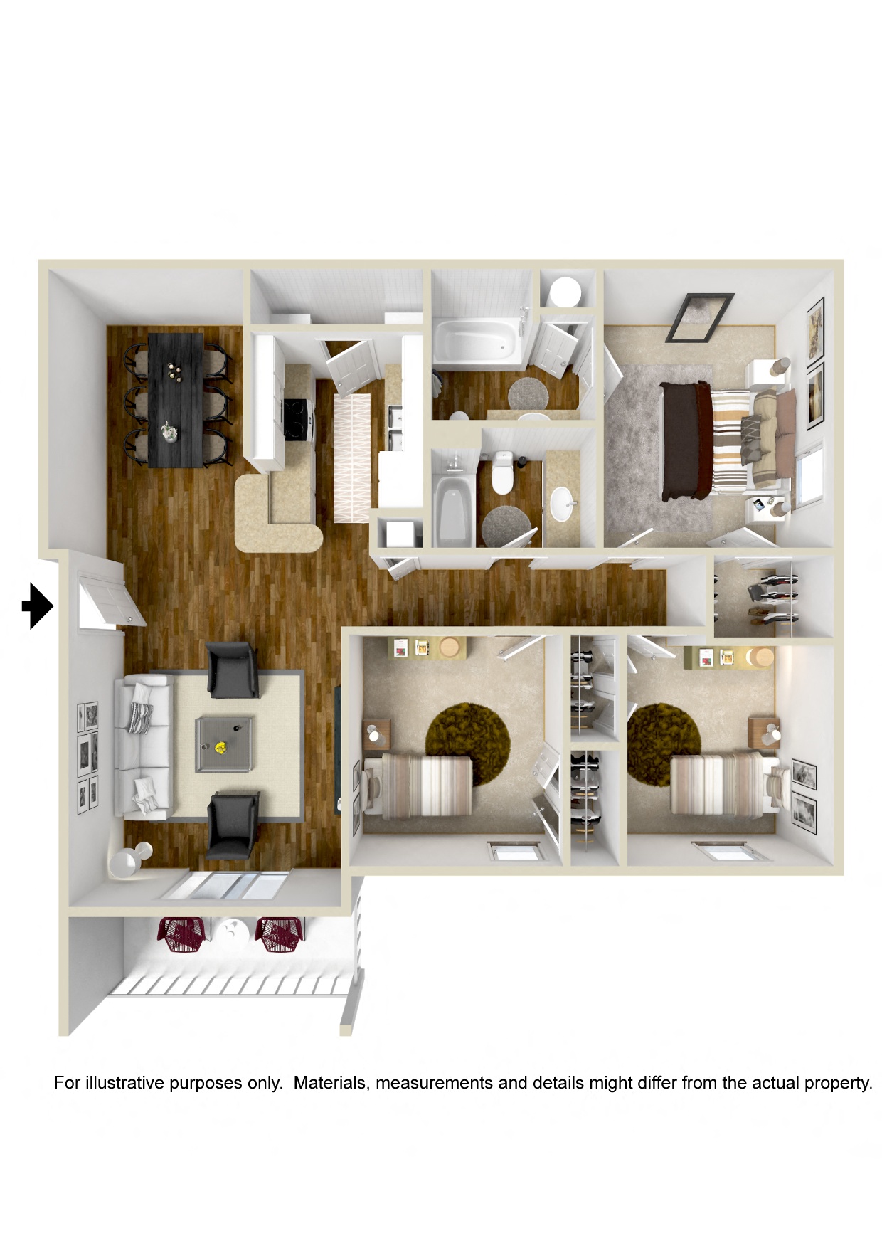 Three bedroom floor plan for rent | 1,230 Sq. Ft. at Parklane Apartment Homes in McComb, MS