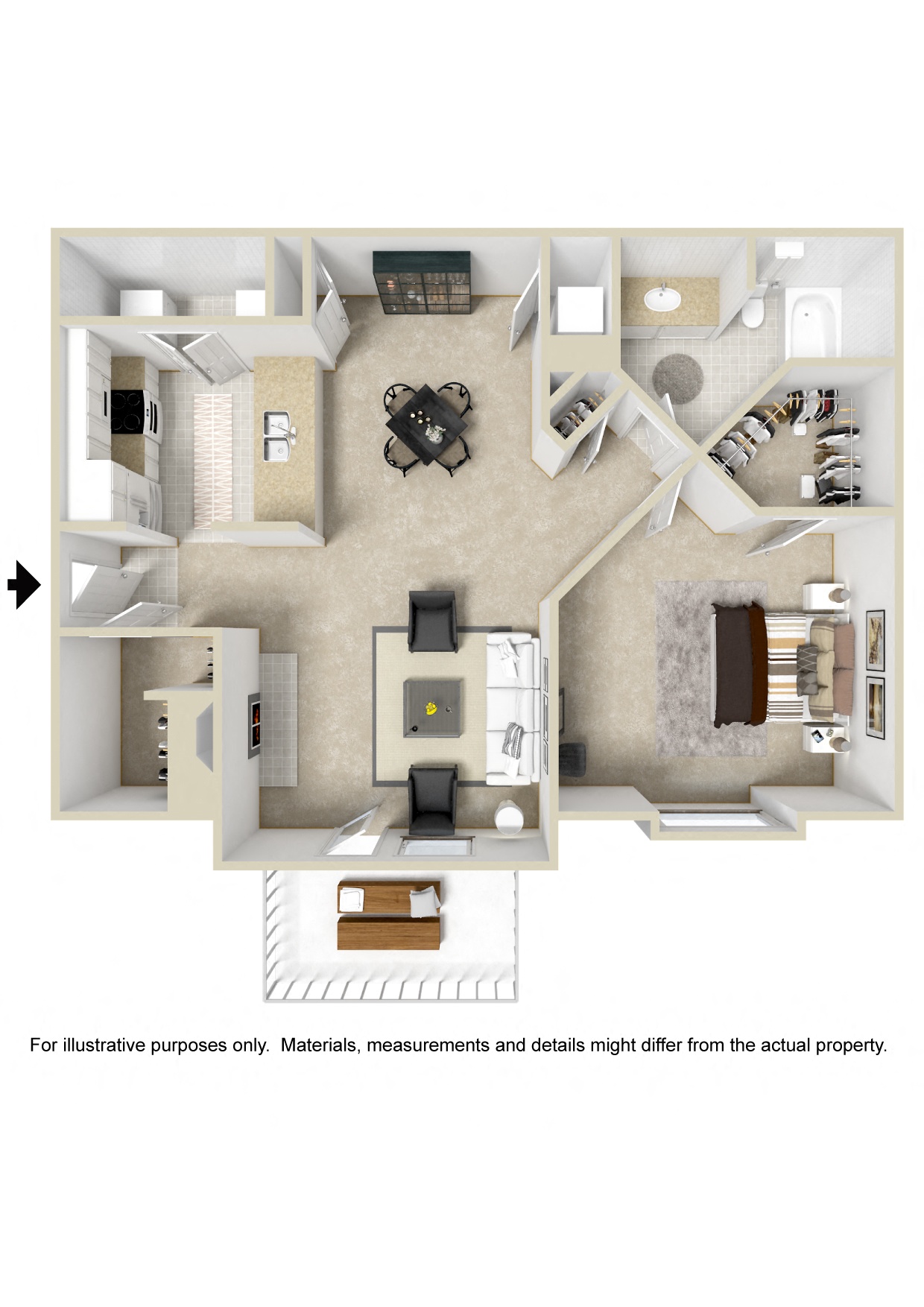 One bedroom floor plan for rent | 952 Sq. Ft. at Quail Ridge Apartment Homes, Bartlett, 38135