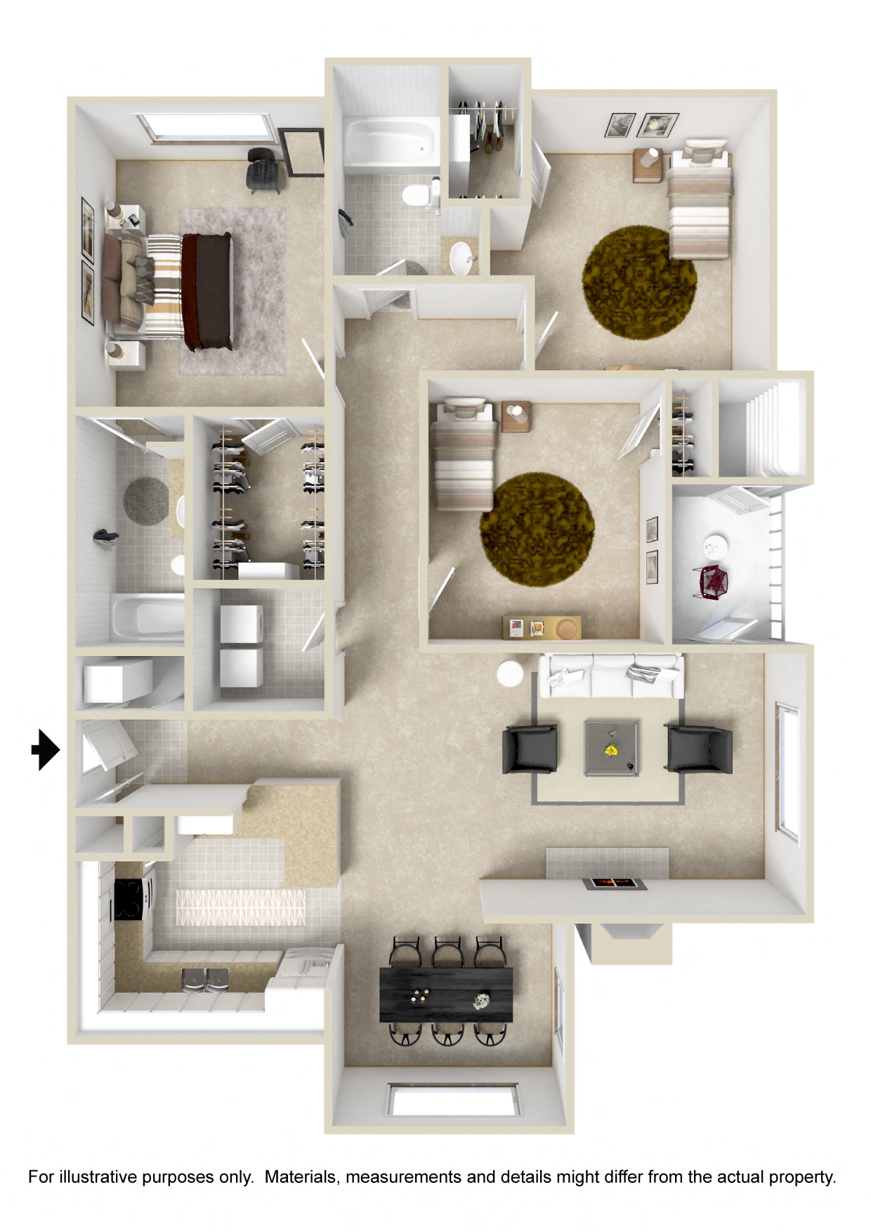 Three bedroom floor plan | 1,521 Sq. Ft. at Quail Ridge Apartment Homes, Bartlett