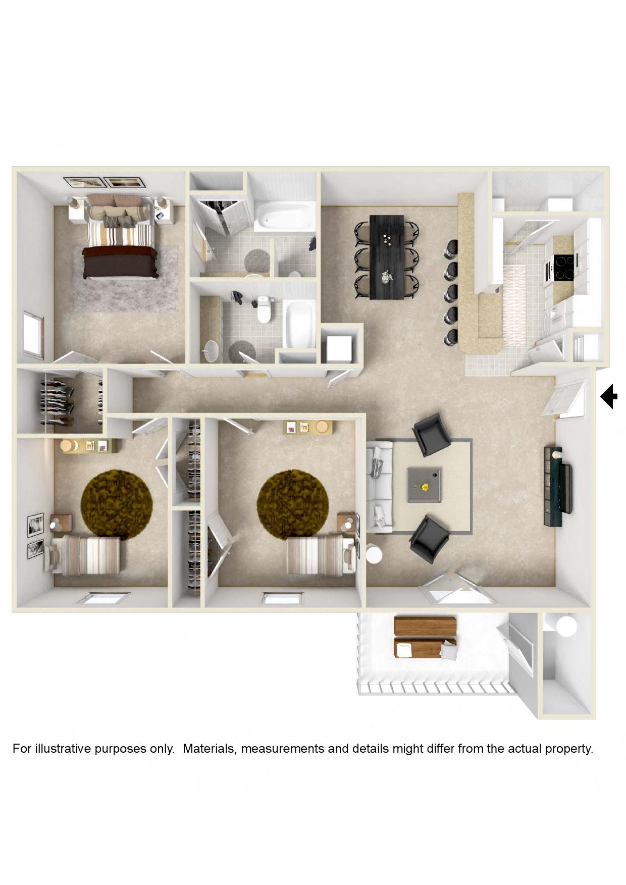 Three bedroom floor plan for rent | 1,408 Sq. Ft. at Reserve at Gulf Hills Apartment Homes in Ocean Springs, MS