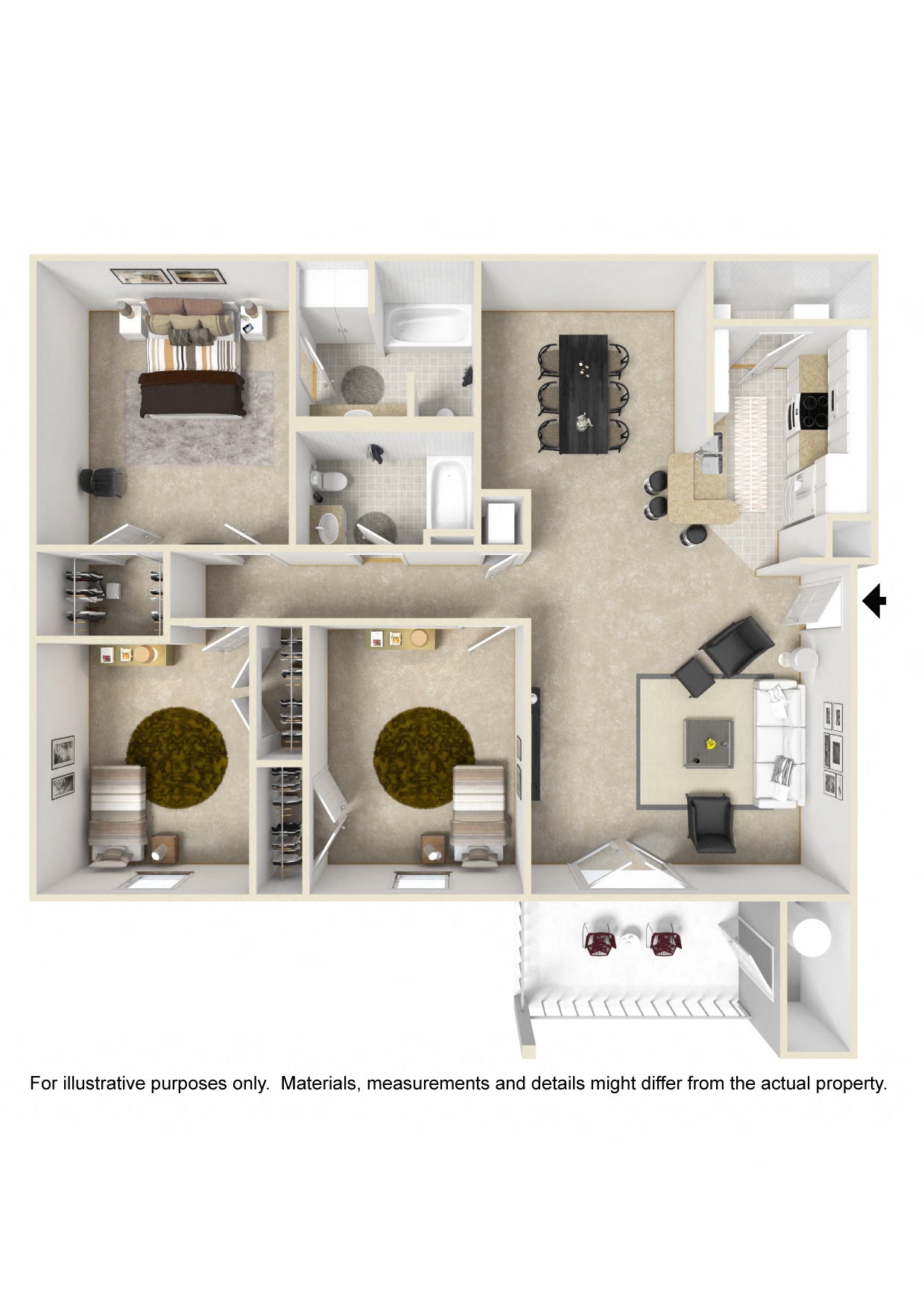 3 Bed, 2 Bath Floorplan | 1,408 Sq. Ft. at The Pointe Apartment Homes in Gautier, MS