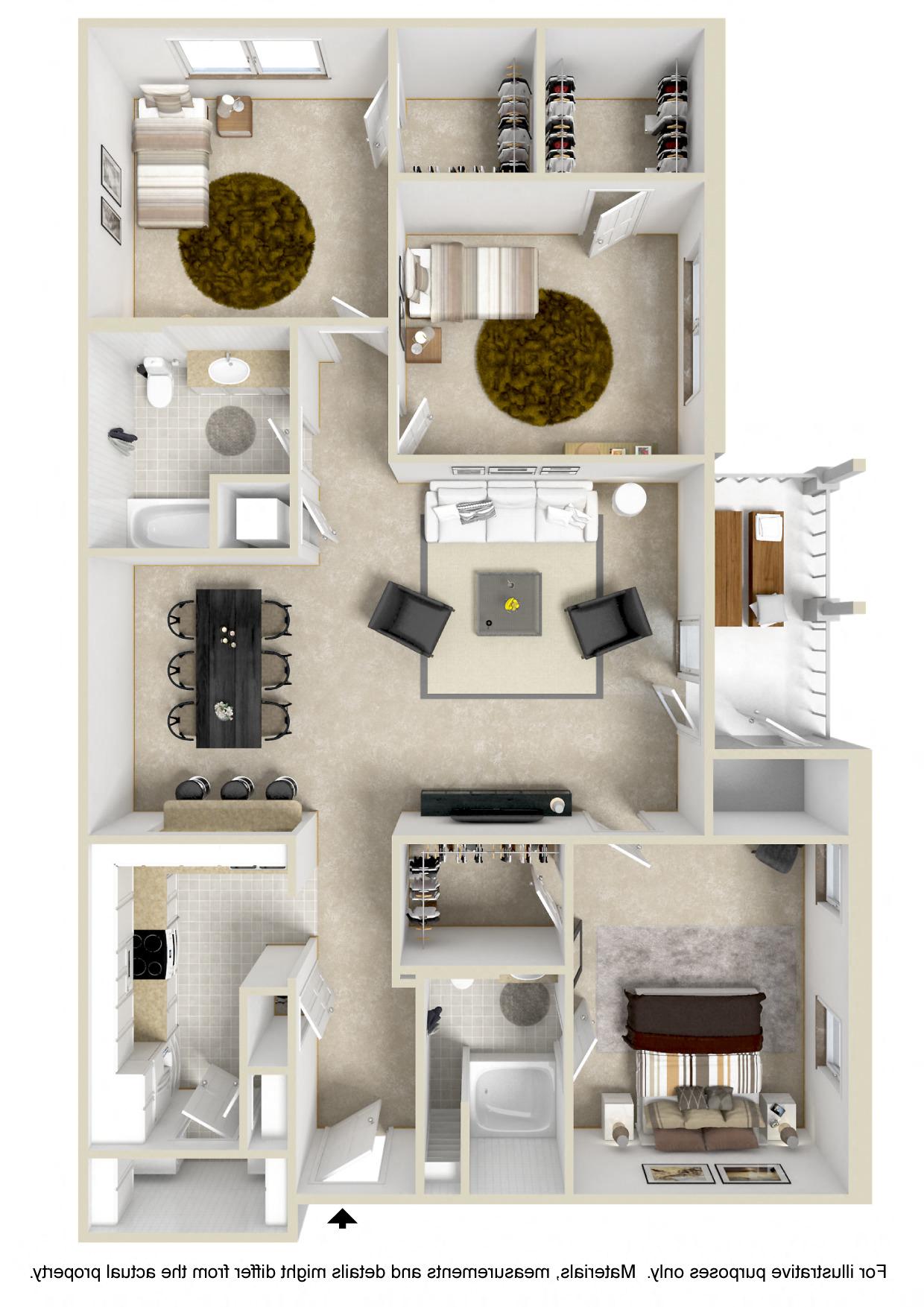 3 bed 2 bath A Floor Plan | 1,306 Sq. Ft. at Reserve at Park Place Apartments, Hattiesburg, MS, 39402