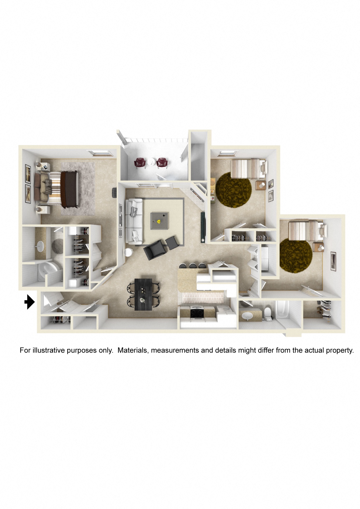 Three bedroom floor plan for rent | 1,566 Sq. Ft. at Parkwest Apartment Homes, Mississippi, 39402