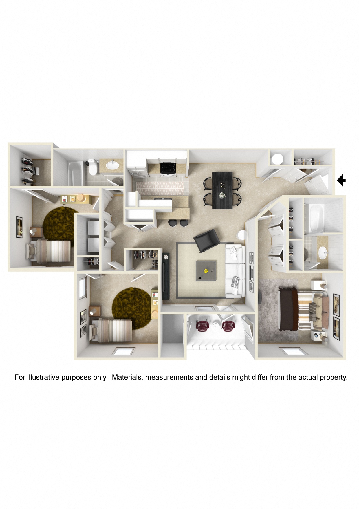 Three bedroom floor plan | 1,200 Sq. Ft. at Parkwest Apartment Homes, Mississippi, 39402