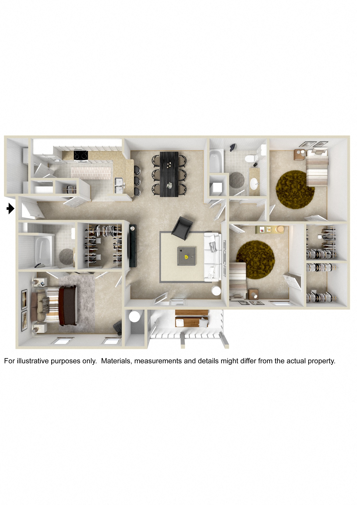 3 bed 2 bath Floor Plan | 1,296 Sq. Ft. at Reserve at Park Place Apartments, Mississippi