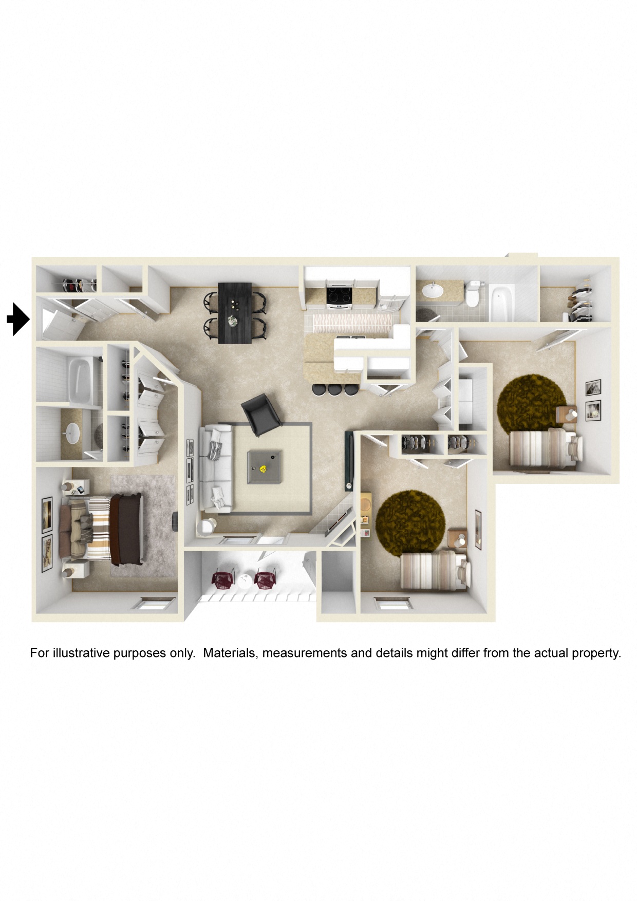 Three bedroom floor plan | 1,490 Sq. Ft. at Parkwest Apartment Homes, Hattiesburg, Mississippi
