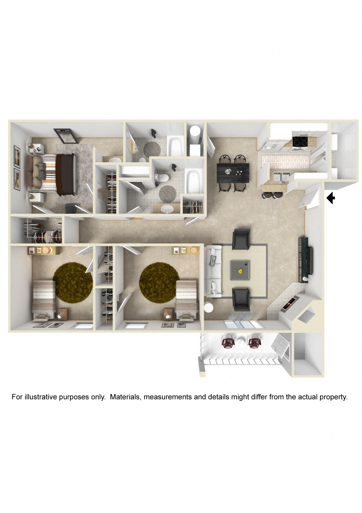 3 bed 2 bath Floor Plan | 1,245 Sq. Ft. at The Woodlands Apartment Homes, Meridian, 39301