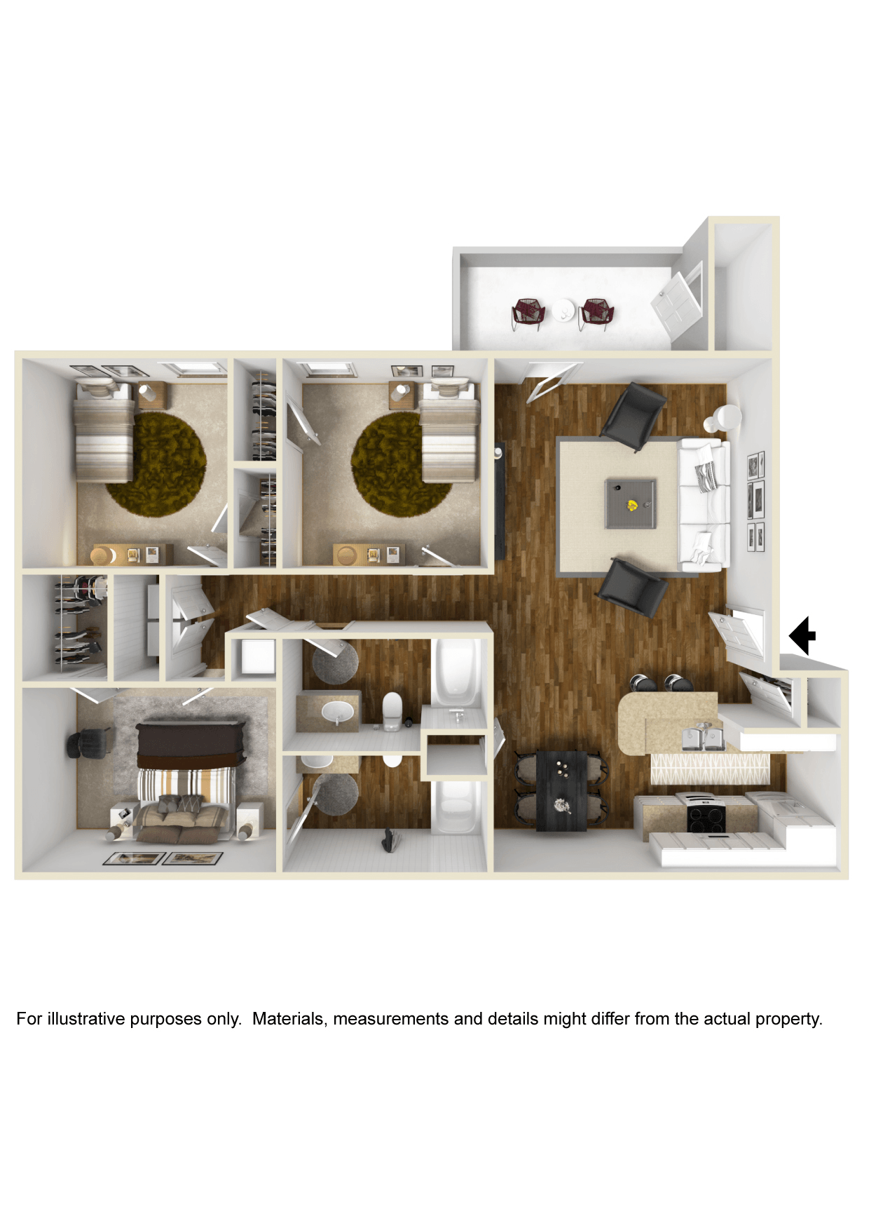 Three Bedroom Floor Plan | 1,305 Sq. Ft. at Lagniappe of Biloxi Apartment Homes, Biloxi, MS
