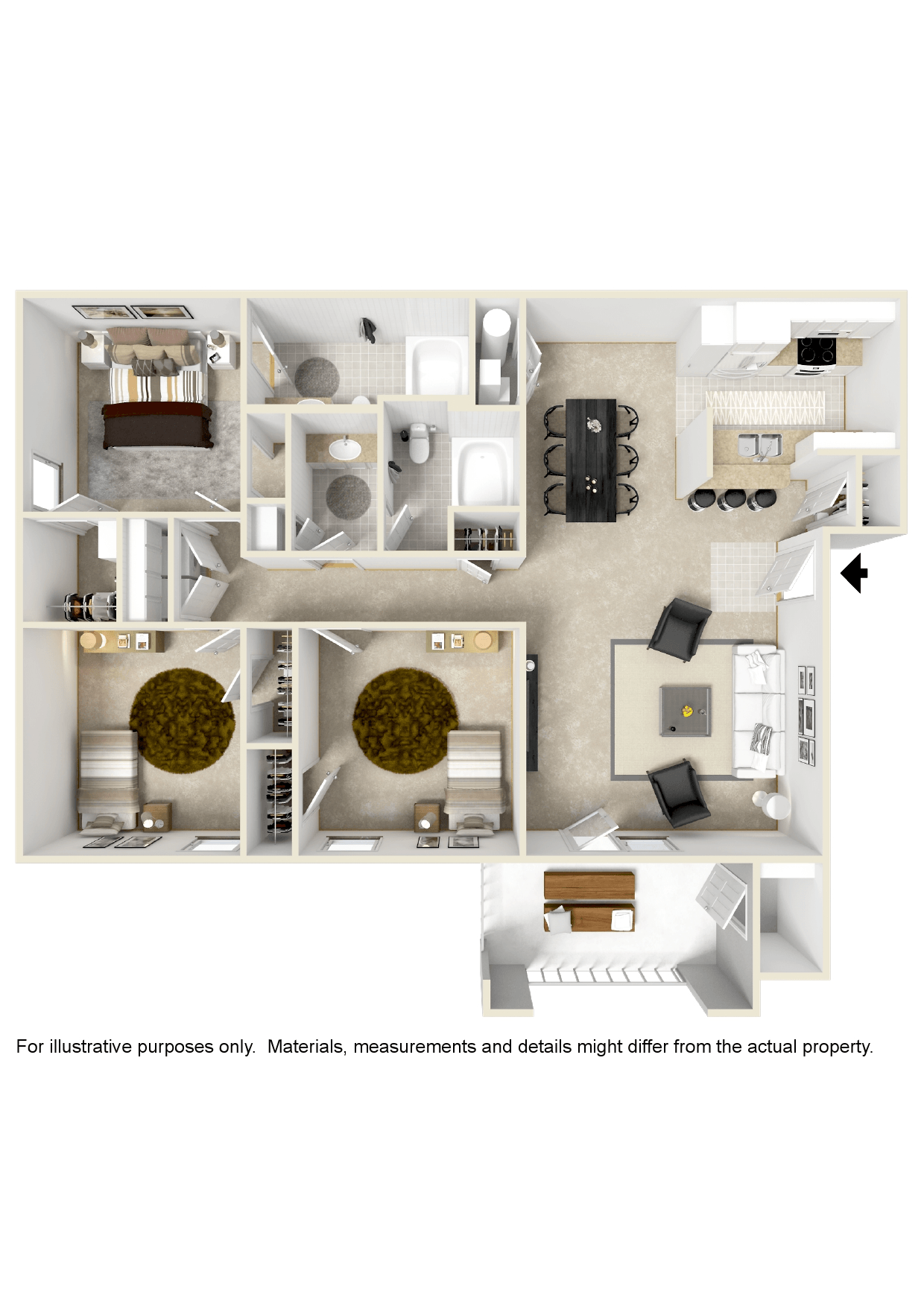 3 Bed 2 Bath Floor Plan | 1,312 Sq. Ft. at Canebrake Apartment Homes in Shreveport, LA