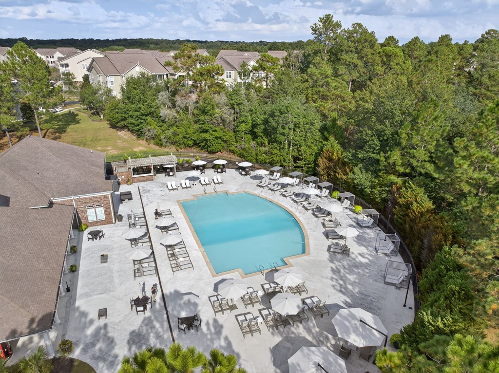 An aerial view of a swimming pool surrounded by lounge chairs and umbrellas.