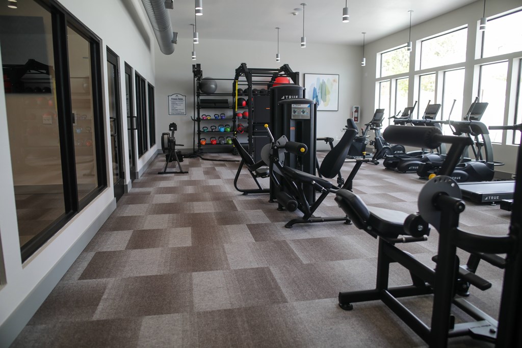 A gym with a variety of equipment including treadmills, weights, and exercise machines. at The Azul Apartment Homes, Mississippi, 38655
