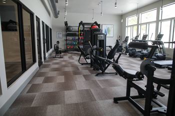 A gym with a variety of equipment including treadmills, weights, and exercise machines at The Azul Apartment Homes in Oxford, Mississippi 38655