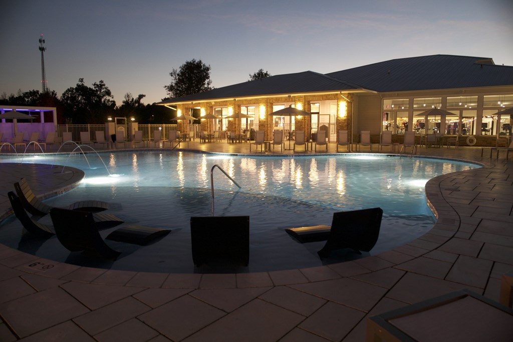 Pool View In Night at The Azul Apartment Homes, Oxford, MS