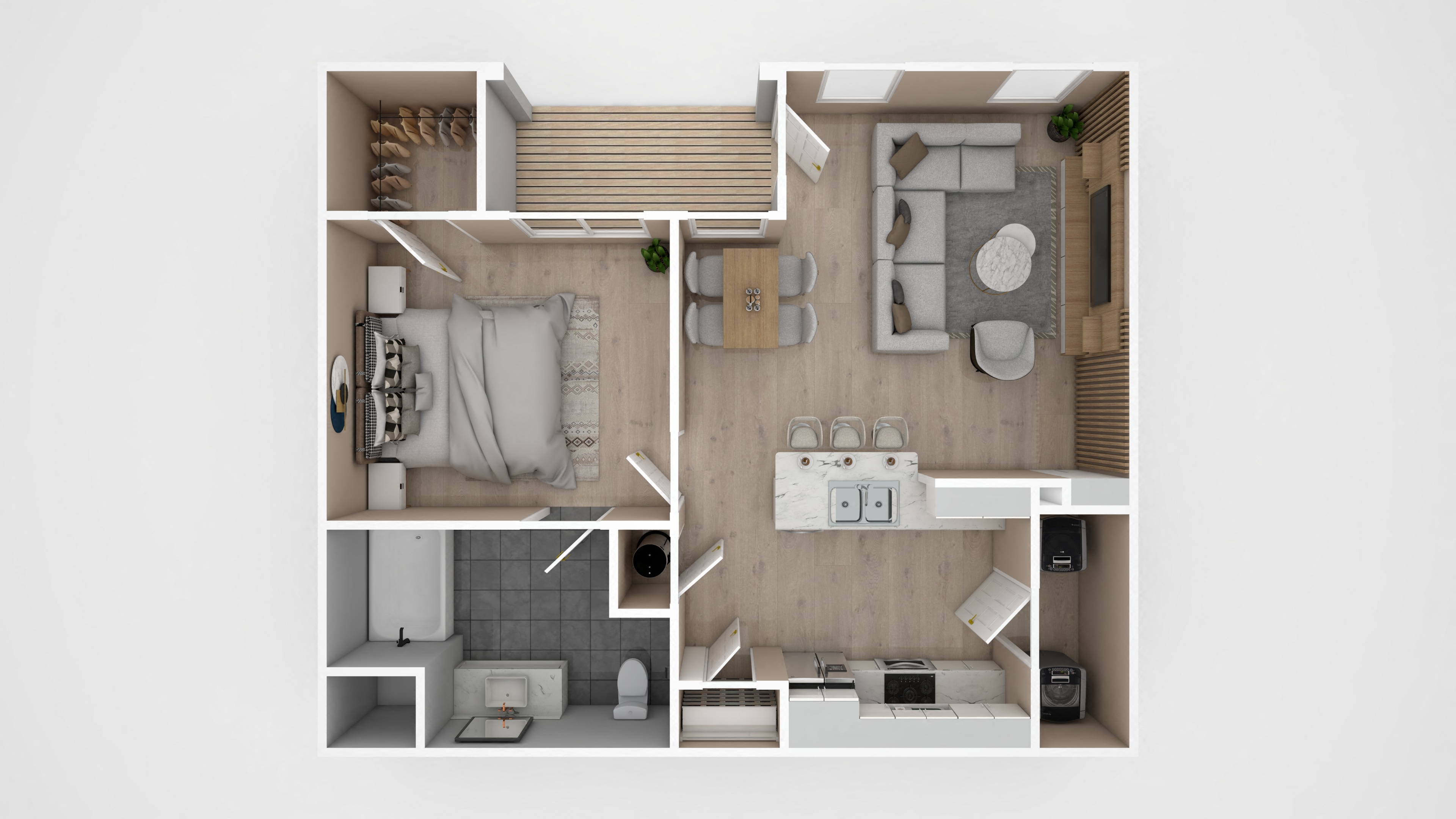 One bedroom, One. bathroom floor plan | 648 Sq. Ft. at Audubon Park Apartment Homes