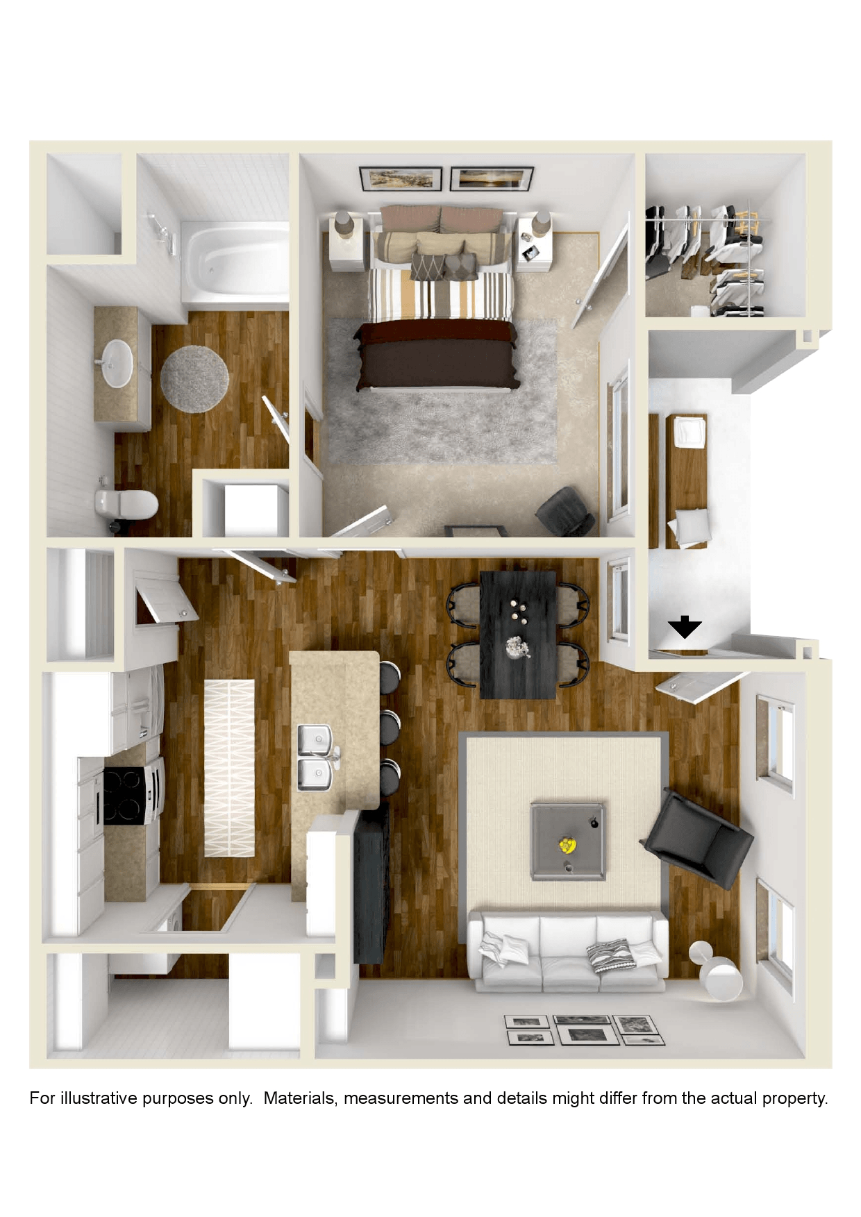 One bedroom, One bathroom floor plan at Audubon Park in Zachary, LA