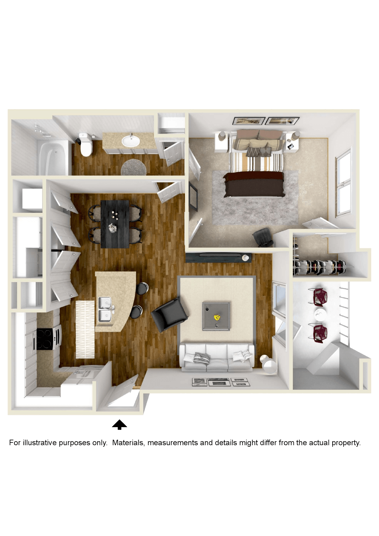 a stylized floor plan with a bedroom and living room