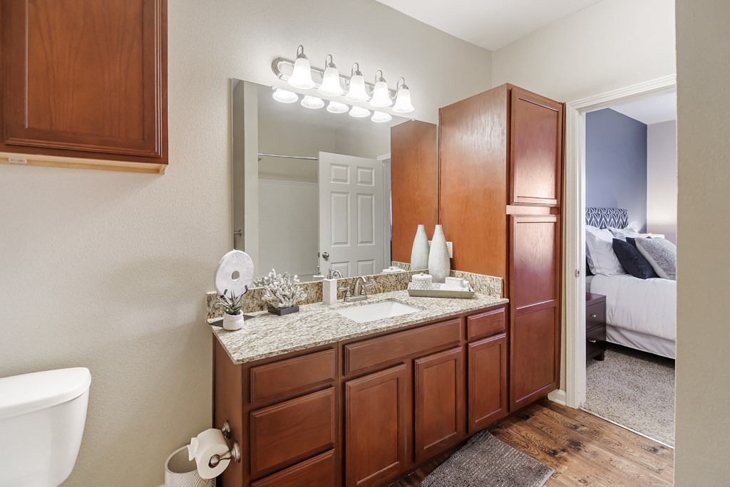 a bathroom with a sink and a toilet and a mirror at Cumberland Place Apartment Homes, Tyler 75703