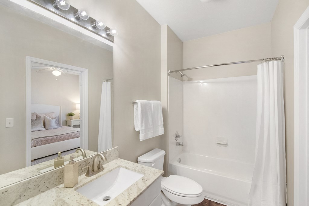 Bathroom with a sink toilet and shower and a mirror at Highlands Apartment Homes, Bartlett, 38135