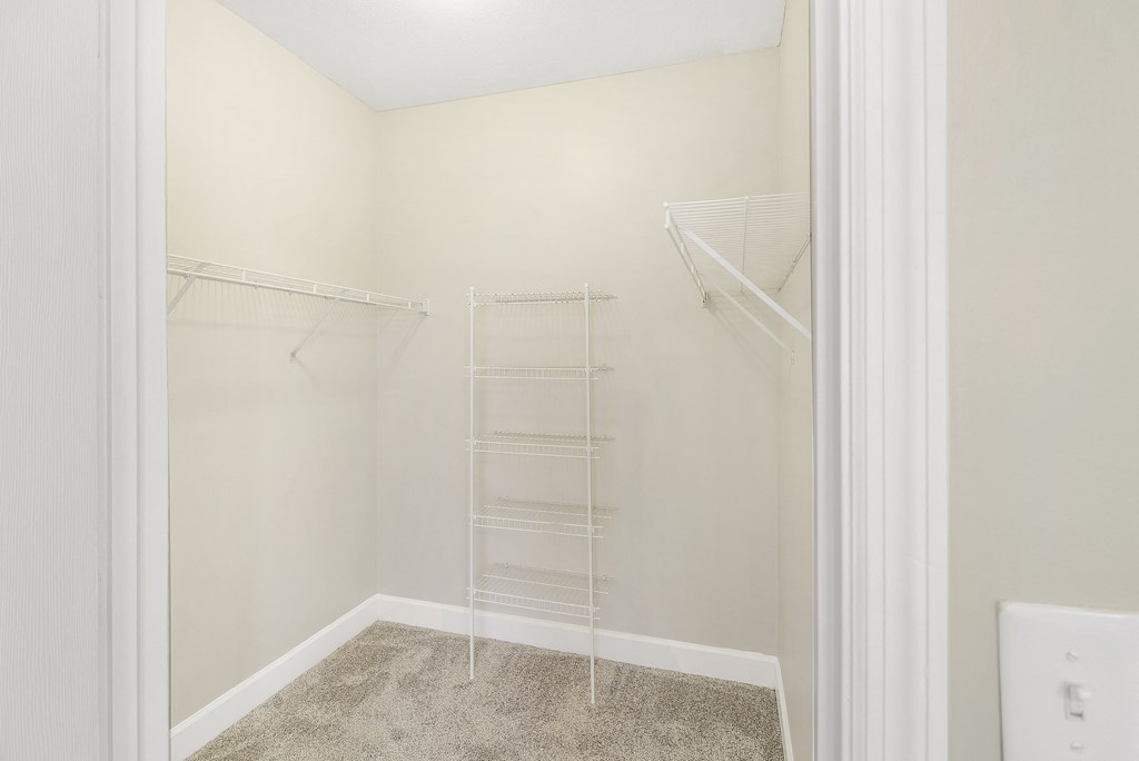 Spacious closet in a bedroom with white walls and a ladder in the closet at Highlands Apartment Homes, Tennessee , 38135