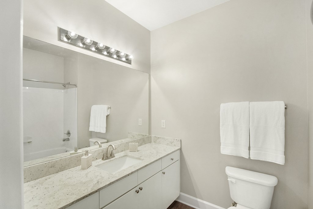 Bathroom with a large mirror and a sink and a toilet at Highlands Apartment Homes, Bartlett, Tennessee